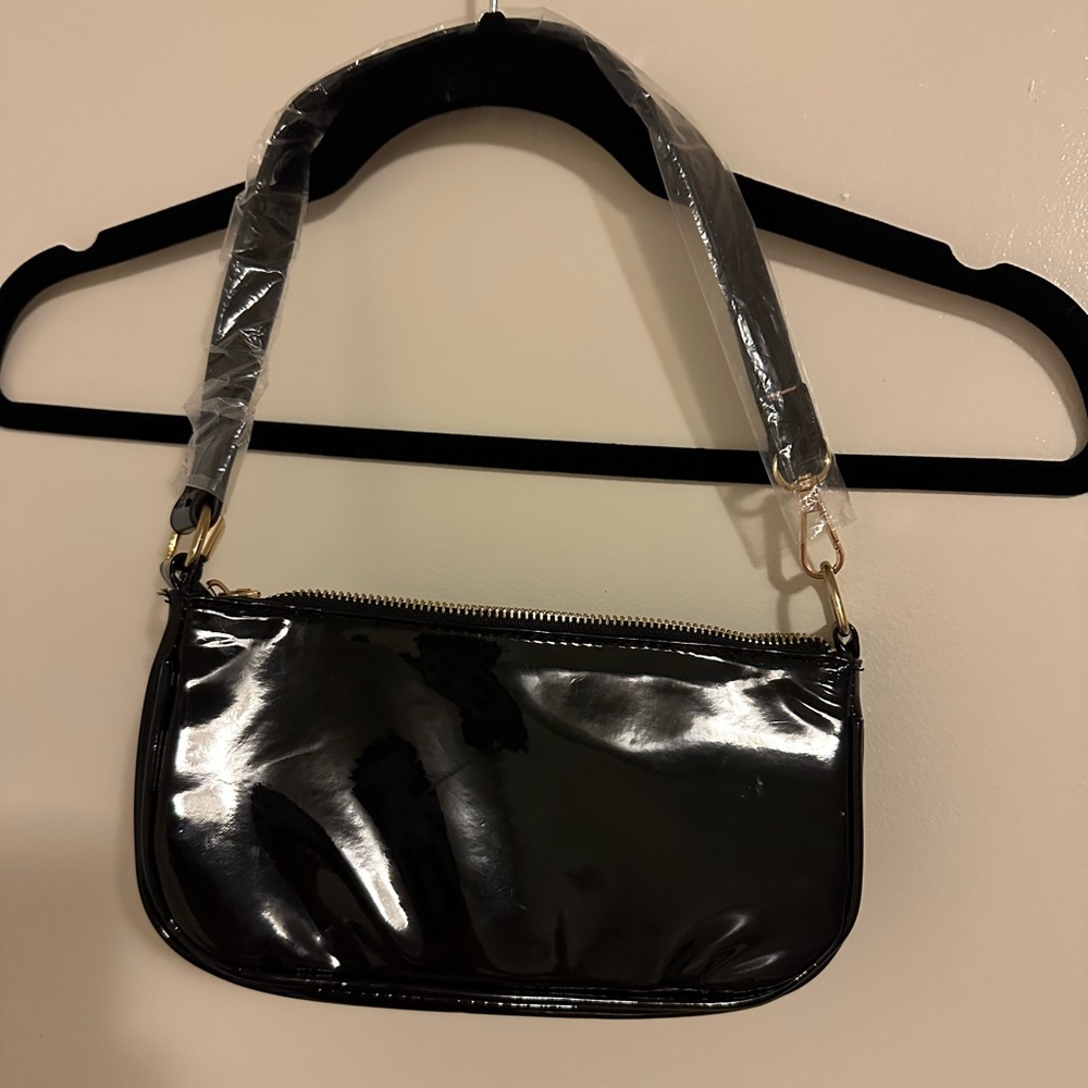 Black faux patent leather shoulder bag